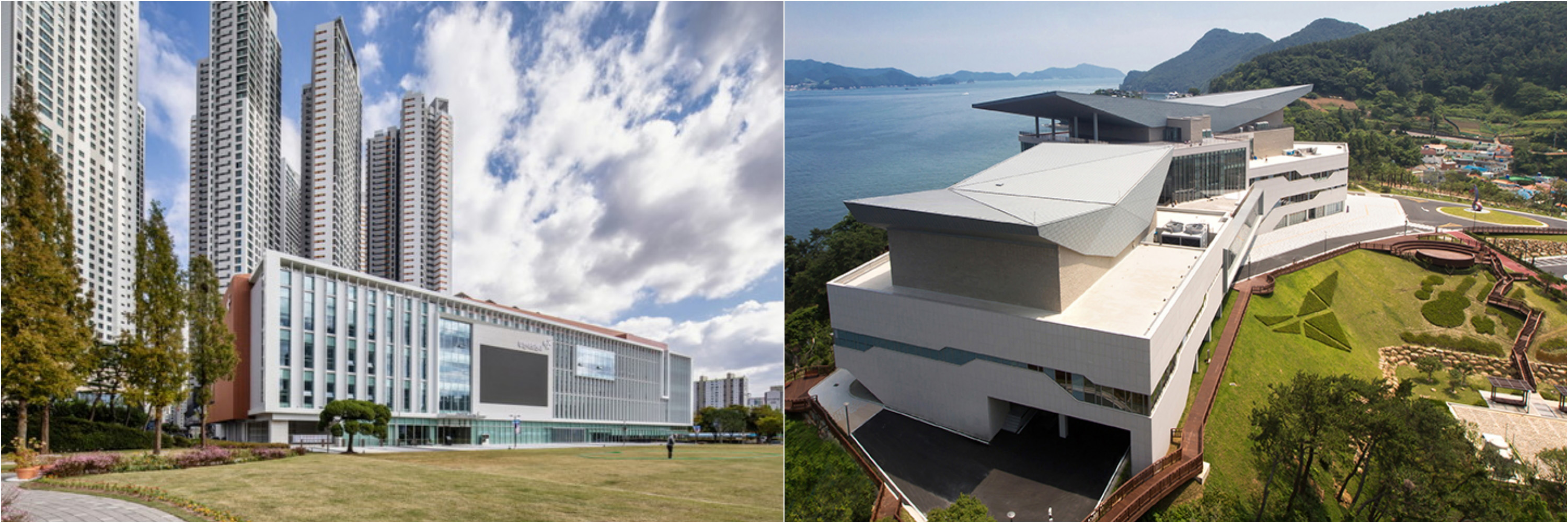 左至右：富川藝術中心、統營音樂廳。