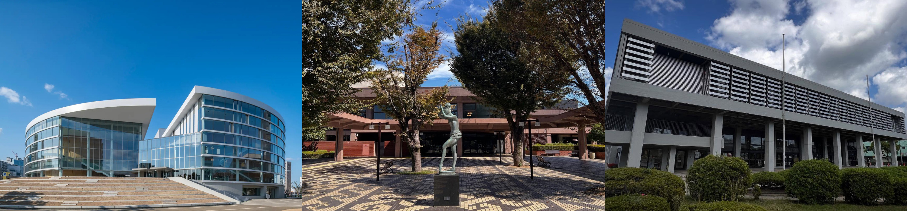 左至右：福岡市民會館、熊本縣立劇場、防府市公會堂。