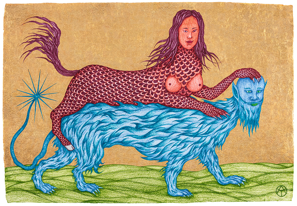 姚瑞中以人獸共體的形象諷喻社會議題，圖為作品《摸摸頭》，2025。