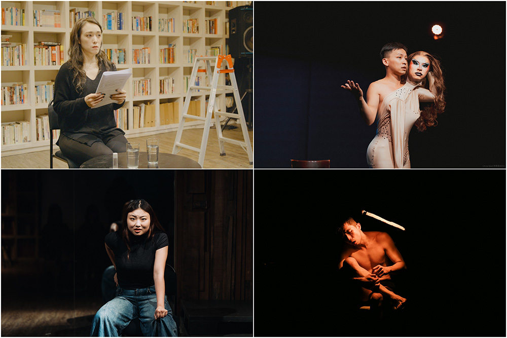 （上排左至右）蔡佾玲於《白兔紅兔》演出（聚思製造端 提供）、簡詩翰於《SOLO鏈結：回訪的身體們》演出（林育全 攝  動見体劇團 提供）；（下排左至右）陳姿卉於「單人實驗場」演出（單人實驗場 SOLO ArtFest  提供）、三缺一劇團×陳瑞祥《野犬》（牟仁傑 攝  三缺一劇團 提供）